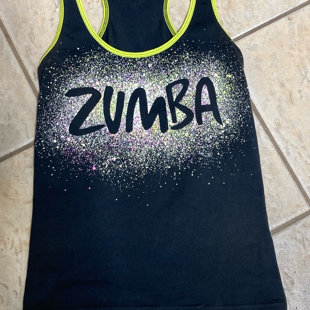 Zumba Fitness Black Tank with Neon Yellow Trim and Multicolor Splatter